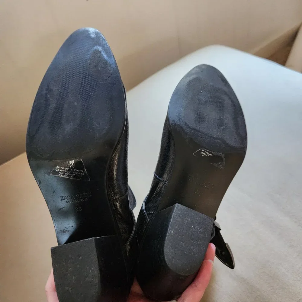 ZARA Black Leather Ankle Western Buckle Stacked Heel Boots - Picture 5 of 6